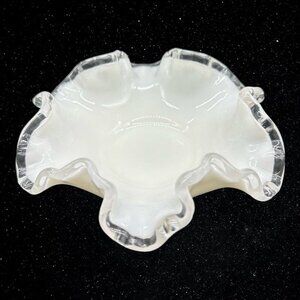 Fenton Silver Crest Ruffled Edge Candy Trinket Dish Bowl Milk Glass 1”T 5.5”W‎
